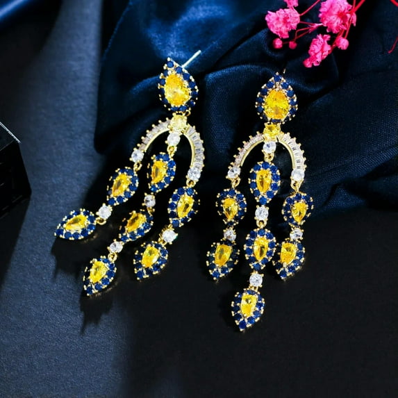 Luxury Yellow Gold Plated Chandelier Dangle Tassel Drop 925 Silver CZ Earrings