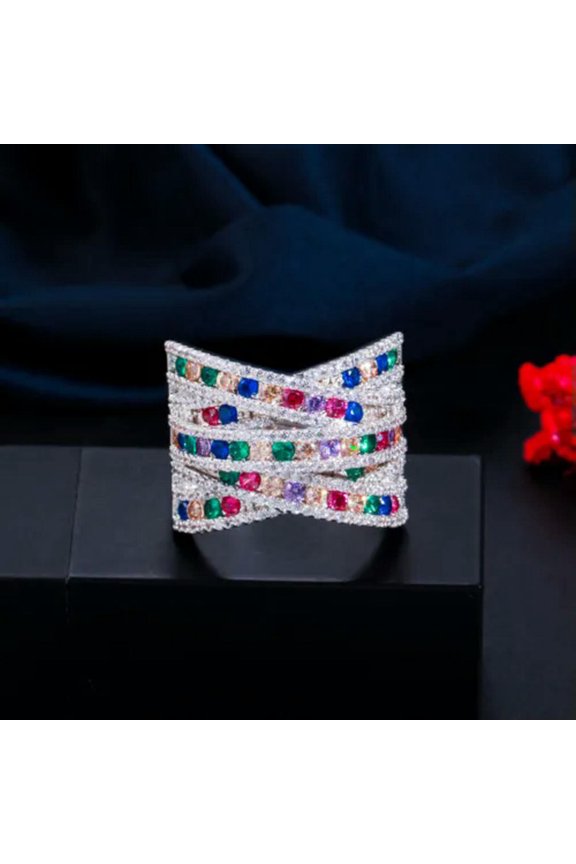 Luxury Yellow Gold Plated Resizable Multicolor CZ Cross Engagement Finger Ring