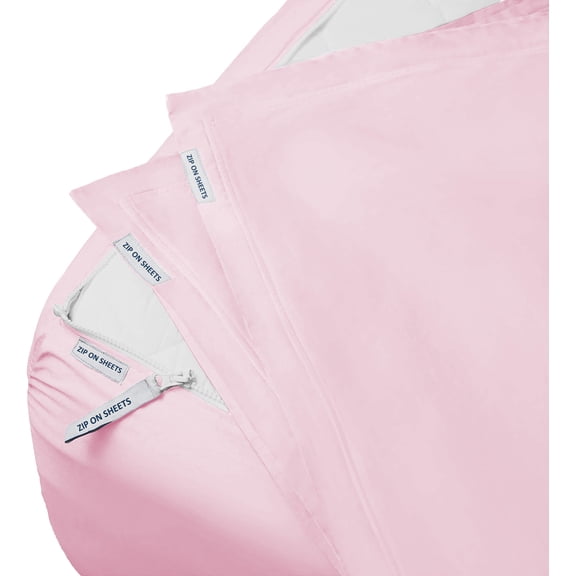 Luxury Zip On Fitted Sheet Twin Size(39X75) - Includes 1 Fitted Base + 2 Zip Sheet - Easy to Change, Won’t Pop Off - Soft 600 TC Cotton Fitted Sheet- Upto 16” Deep Pocket Baby Pink Color