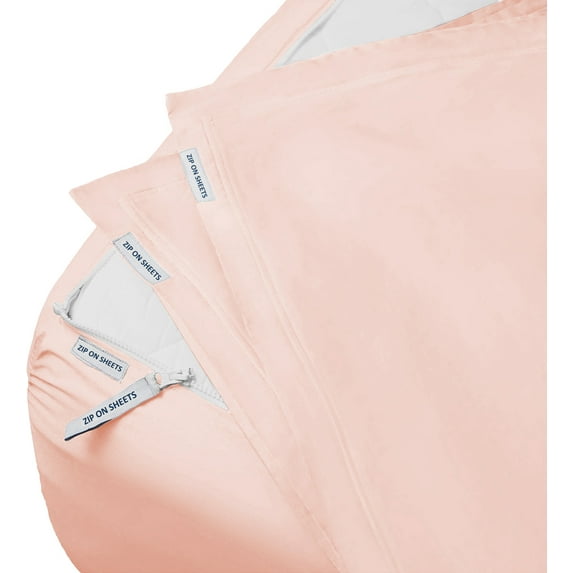 Luxury Zip On Fitted Sheet Twin XL Size(39X80) - Includes 1 Fitted Base + 2 Zip Sheet - Easy to Change, Won’t Pop Off - Soft 600 TC Cotton Fitted Sheet- Upto 16” Deep Pocket Blush Color