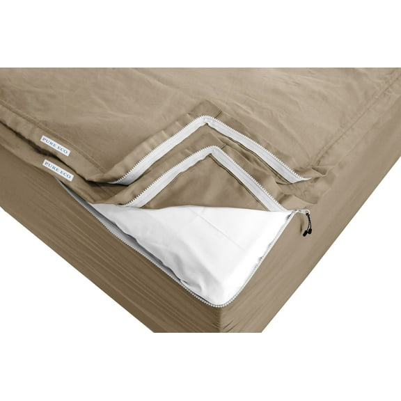 Luxury Zip-On Sheets - Includes 1 Fitted Sheet Base & 2 Zip-On Sheets - Upto 16” in. Deep Pockets King Size Zip-On Sheets - Easy to Change, Sateen Cotton 600 TC Fitted Sheet Beige Color