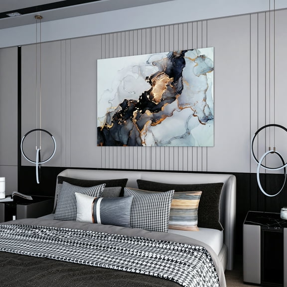 Luxury abstract fluid abstract art ink technique black, white and gold wall art 24x18in canvas stretched on wood frame