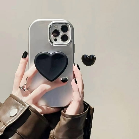 Luxury black heart holder solid color electroplating phone case for iPhone 11 15 14 13 12 Pro Max X XR XS Max shockproof cover