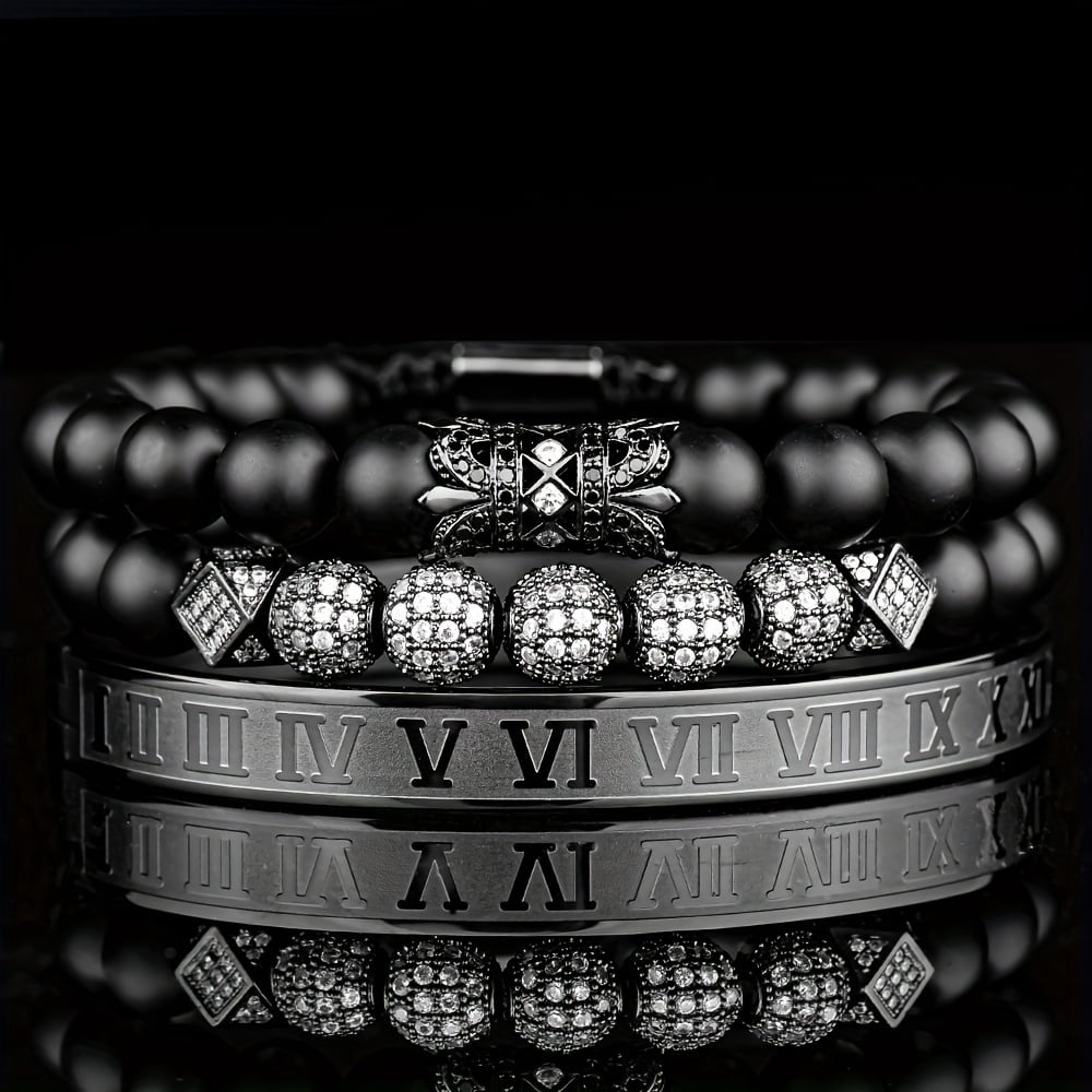 Luxury charm bracelet for men - stainless steel inlaid cubic zirconia with Roman numerals, adjustable size 6.3"-8.2", fashion jewelry gift,Black