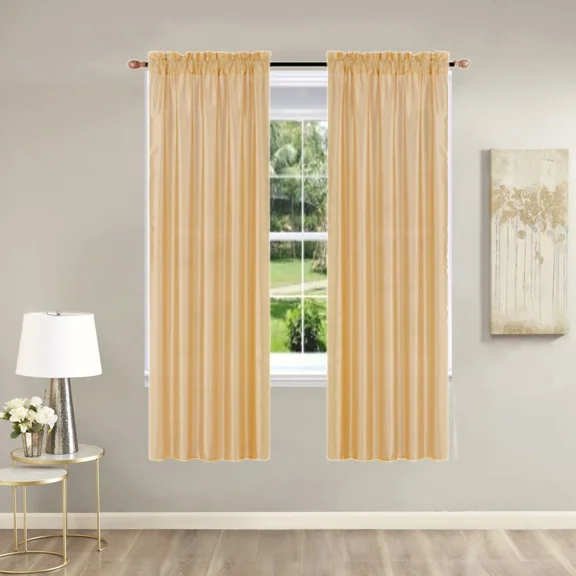 Gorgeous Home Linen 2PC Gold Faux Silk Solid Color Window Semisheer Rod Pocket Panel Curtain 55" Width X 63" Length (each) Panel
