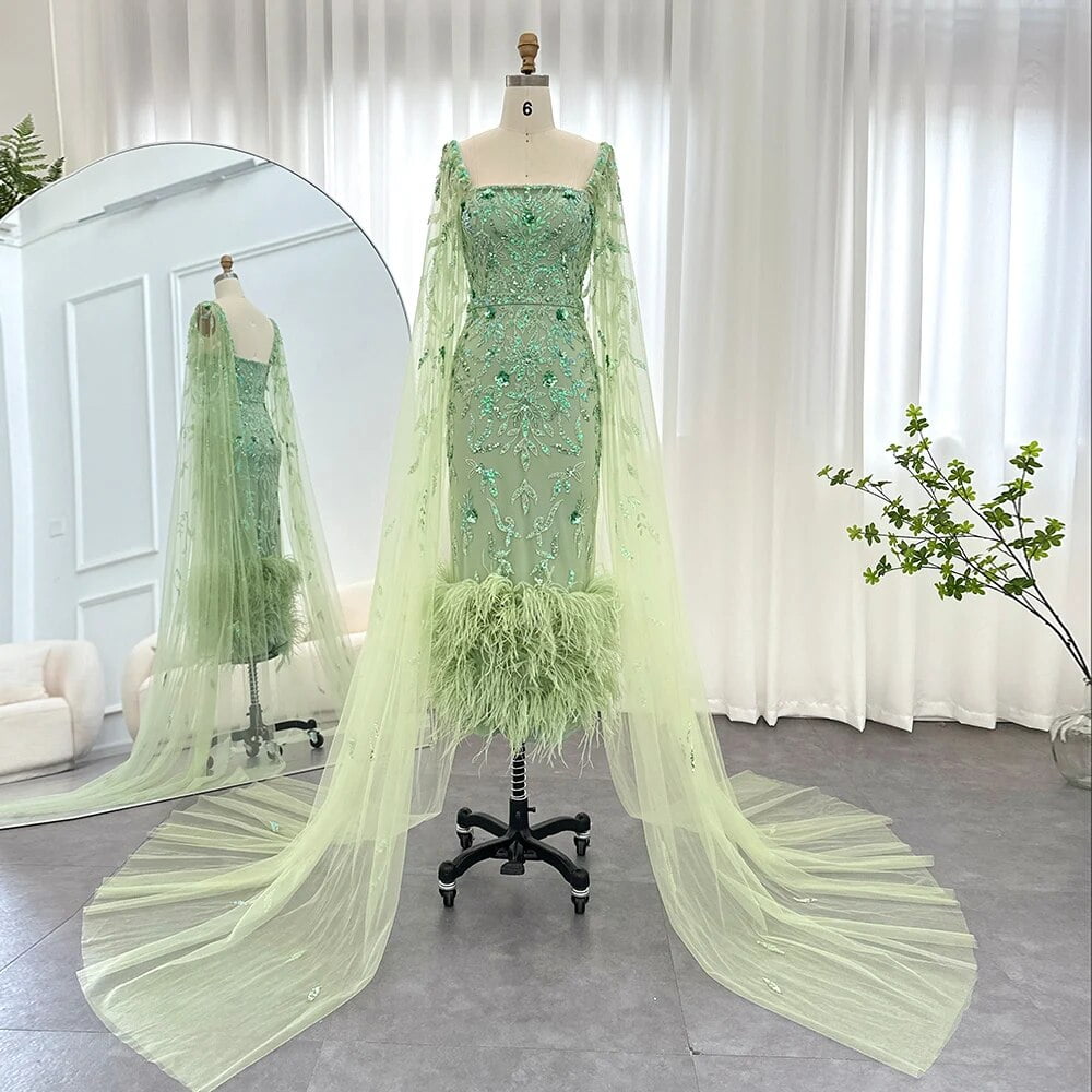 Luxury feathers evening dress with Cape ankle length midi women wedding ...