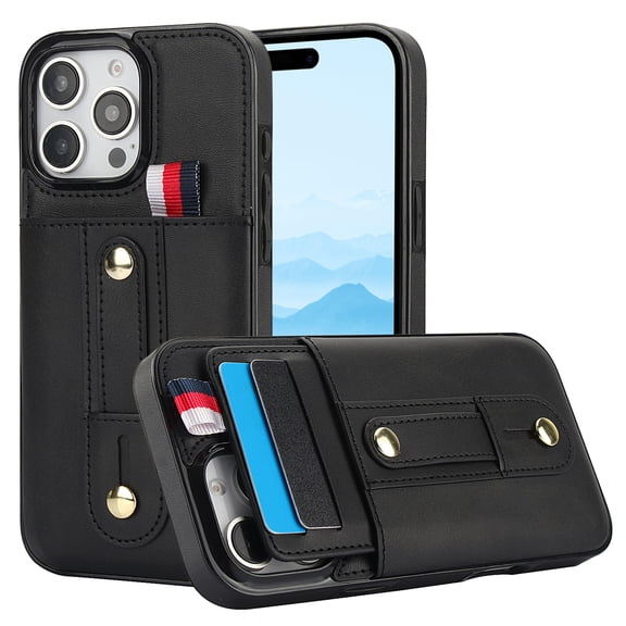 Luxury finger ring leather phone case for iPhone 16 pro loop strap card slots cover