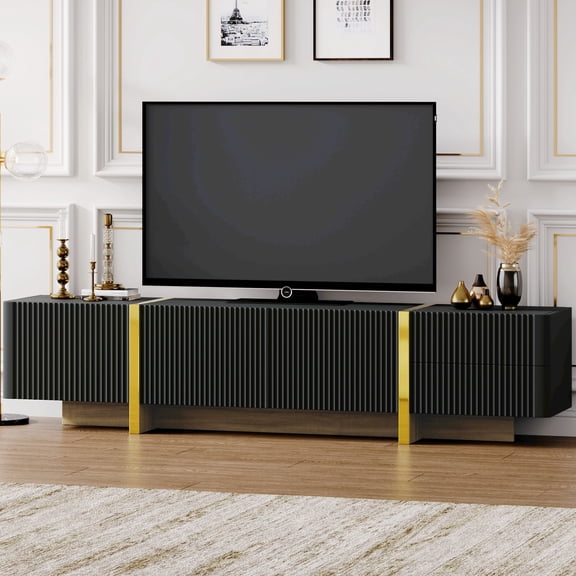 Luxury fluted entertainment center with golden legs and storage for 80'' TVs in primary living space
