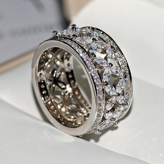 Womens Zircon Ring Brass White Steel European American Style Ladies Fashion Statement Ring Elegant Sparkle Shimmering