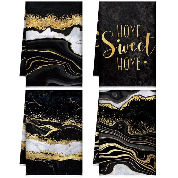 4 pack marble kitchen towels, luxury black gold marble pattern dish cloths, soft absorbent hand towels for farmhouse bathroom decor, black and gold