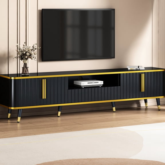 Luxury minimalist entertainment center with circular cable hole for up to 85-inch TVs in primary living space exudes elegance
