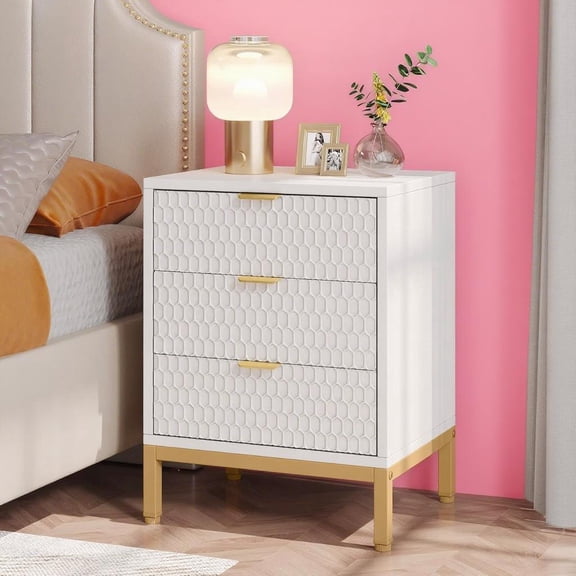 Luxury modern tall bedside table, solid and stable, durable, easy to install, elegant and simple, bedside table with 3 storage drawers, suitable for bedroom, room