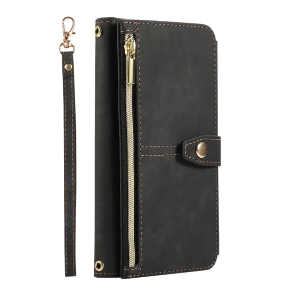 Luxury wallet protective case, wallet phone protective case, premium zipper (with wrist guard) flip leather phone protective case suitable for Samsung S10E