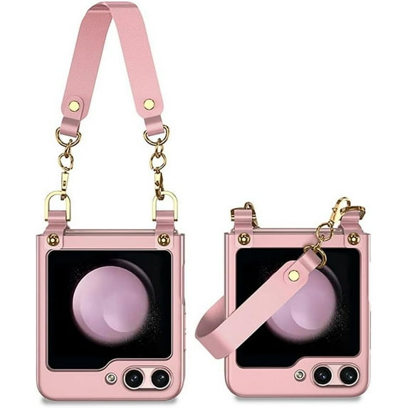 Luxury with Wrist Strap Lanyard Case for Samsung Galaxy Z Flip 5 5G Shockproof Slim Simple for Women Girls Hard Cover (Pink,for Samsung Z Flip5)