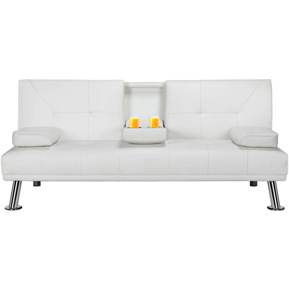 LuxuryGoods Modern Faux Leather Futon with Cupholders and Pillows