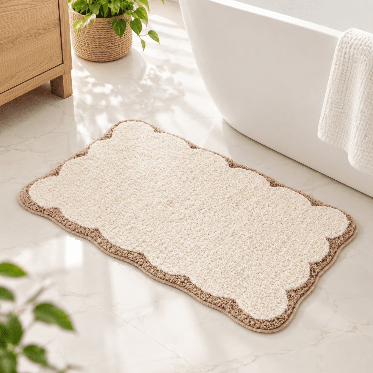 Luxuryfiber Bathroom Rugs Beige Sand Scalloped Bath Rug Boho Farmhouse ...