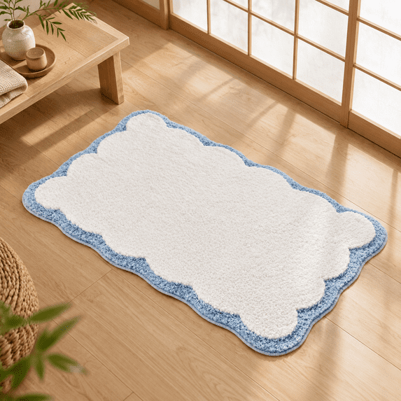 Luxuryfiber Bathroom Rugs White Bath Rug With Blue Scalloped Piping ...