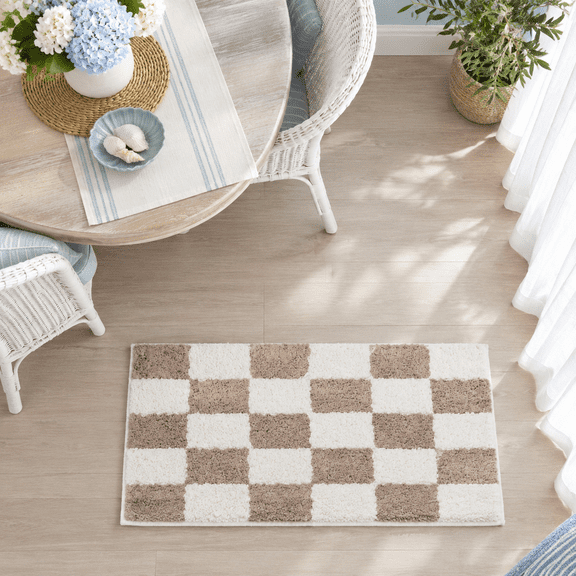 Luxuryfiber Checkered Bath Mats Beige And White Checkerboard Bathroom Rug Retro Boho Farmhouse Aesthetic Decor For Tub Sink Showe