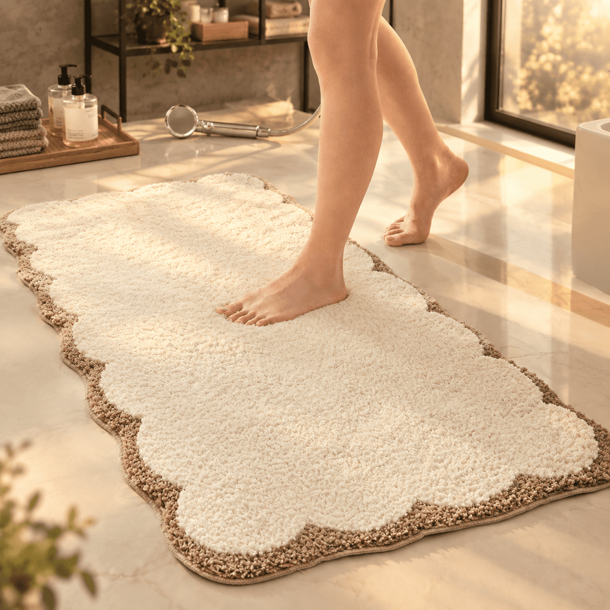 Sand Soft Fall Luxuryfiber Scalloped Runner Rug Beige Sand Piping Long Bathroom Boho ...