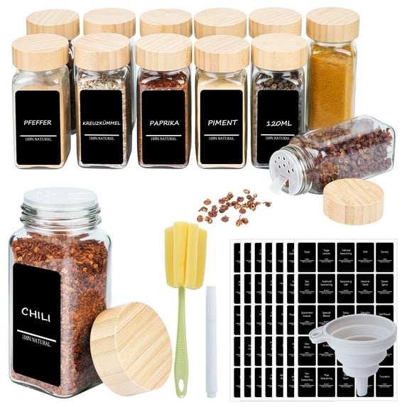 Luxvie 12 Pcs Glass Spice Jars with Labels, 4 oz Glass Jars with Bamboo Lids, Collapsible Funnel, Seasoning Storage Bottles for Spice Rack, Cabinet, Drawer