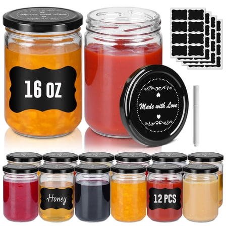 Luxvie 16oz Mason Jars, 12 Pack Regular Mouth Glass Jars With Lid Salad Jars with stickers Canning Jars Condiment Pots for Pickling Canning Home Decor Overnight Oats Fruit Preserves Jam Jelly Food