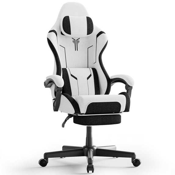 Luxvie Cotton Fabric Gaming Chair with Footrest High Back Ergonomic Gamer Chair with Headrest and Massage Lumbar Cushion Racing Reclining Video Game Chair for Adults, White