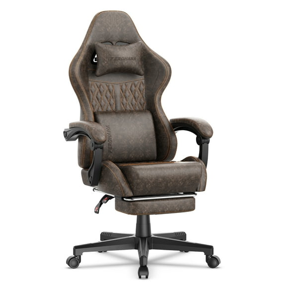 Luxvie Gaming Chair with Footrest Computer Ergonomic Office Chair with Massage Lumbar Support & Headrest, High Back Vintage Game Chair for Adults and Kids, Brown