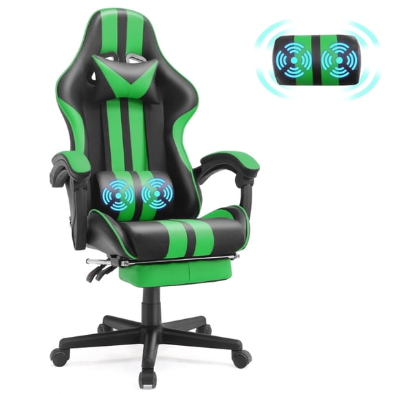 Wasait Gaming Chair with Footrest High Back Computer Office Gamer Chair with Massage and Headrest Lumbar Support Swivel Seat Ergonomic Game Chair for Adults, Green