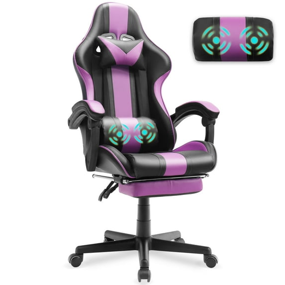 Luxvie Gaming Chair with Footrest High Back Ergonomic Computer Gamer Chair with Massage and Headrest Lumbar Support Swivel Office Game Chair for Adults, Purple