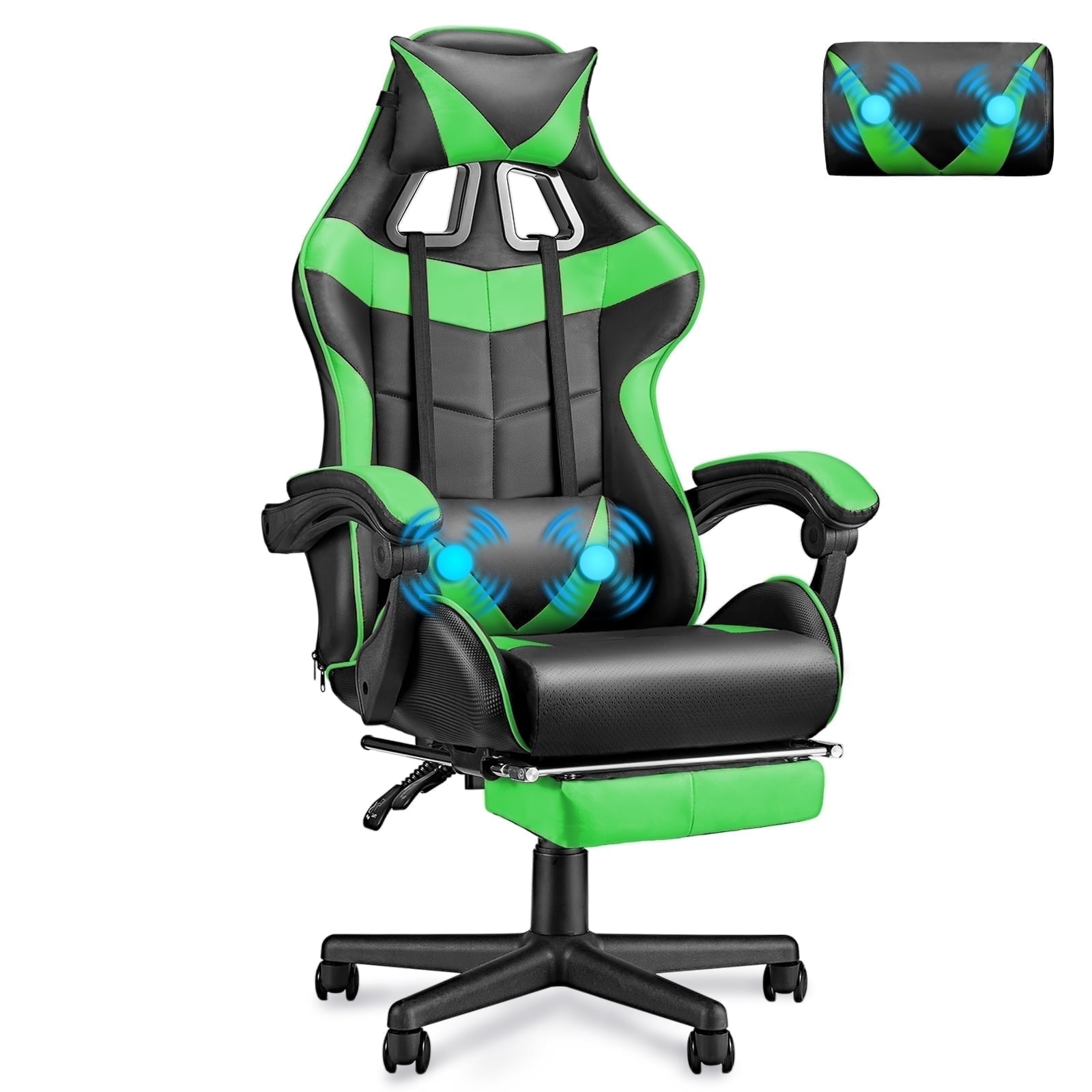 Luxvie Gaming Chair with Footrest High Back Office Chair with Headrest&Massage Lumbar Support Swivel Ergonomic Gaming Chair for Adults, Green