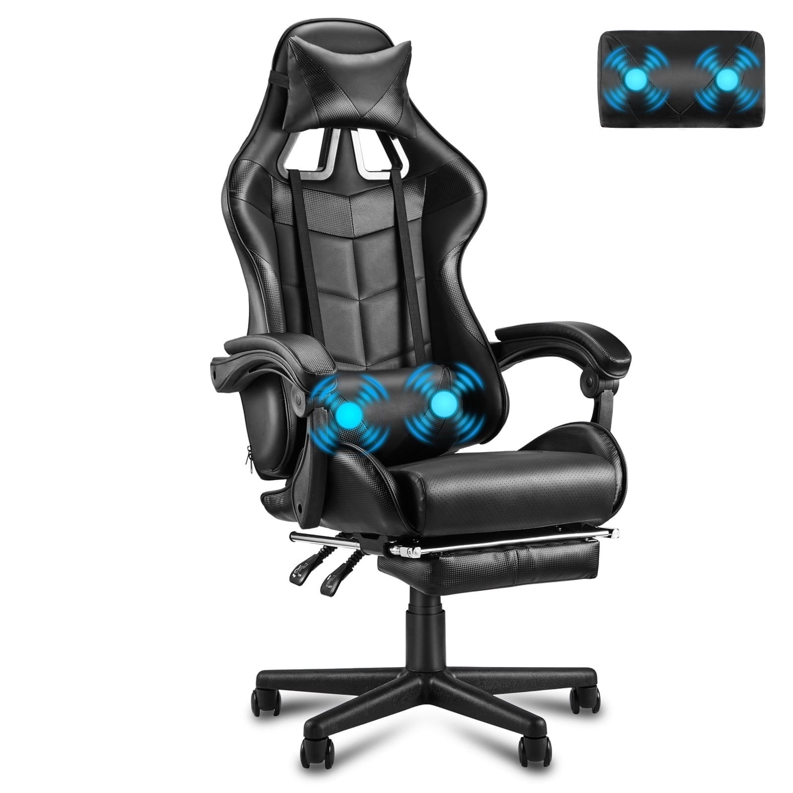 Luxvie Gaming Chair with Footrest High Back Office Chair with Headrest&Massage Lumbar Support Swivel Ergonomic Gaming Chair for Adults, Black