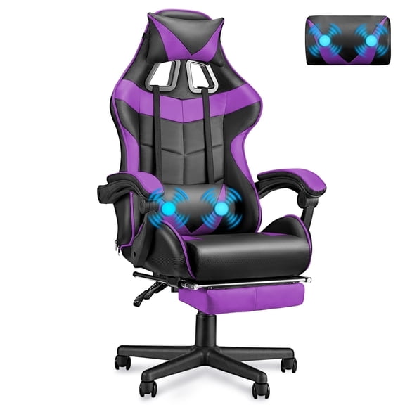 Wasait Gaming Chair with Footrest High Back Gamer Chair with Headrest&Massage Lumbar Support Swivel Ergonomic Gaming Chair for Adults, Purple
