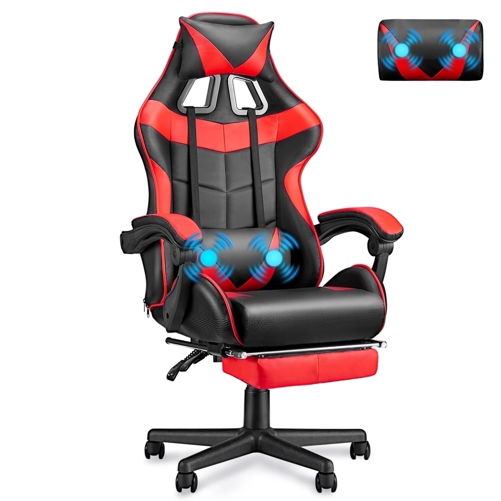 Luxvie Gaming Chair High Back Office Chair with Footrest, Headrest, Massage Lumbar Support Swivel Ergonomic Gamer Chair for Adults, Red