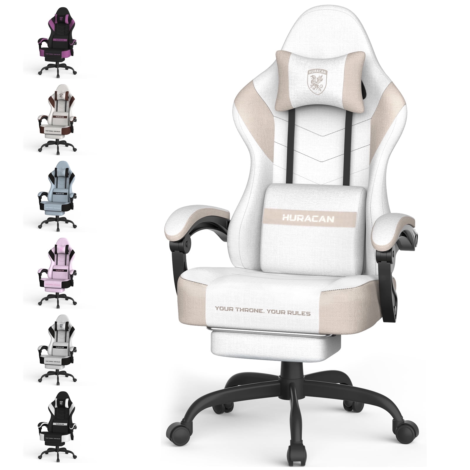 Luxvie Linen Fabric Gaming Chair with Footrest Ergonomic Computer Chair with Massage Lumbar Pillow, Gamer Chair with Adjustable Headrest, Comfortable Office Chair for Home & Gaming, Beige&Coffee