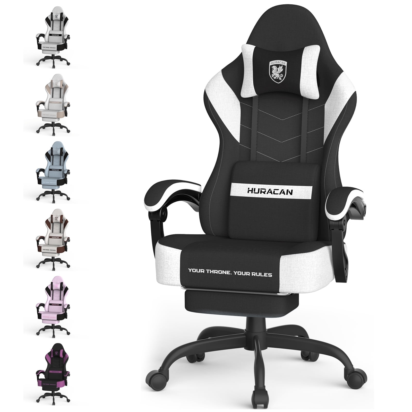 Luxvie Linen Fabric Gaming Chair with Footrest, High Back Ergonomic Computer Chair with Massage Lumbar Pillow, Gamer Chair with Adjustable Headrest, Comfortable Office Chair for Home & Gaming, Black