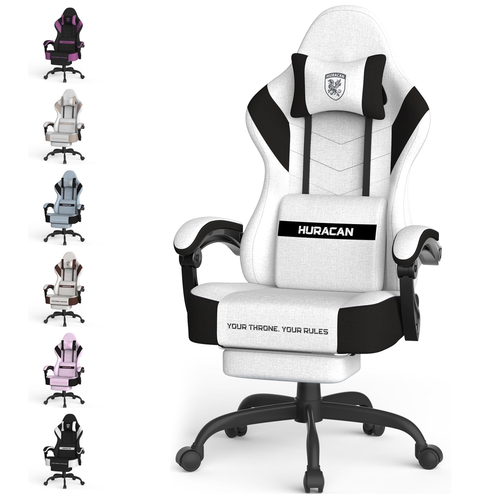 Luxvie Linen Fabric Gaming Chair with Footrest, High Back Ergonomic Computer Chair with Massage Lumbar Pillow, Gamer Chair with Adjustable Headrest, Comfortable Office Chair for Home & Gaming, White