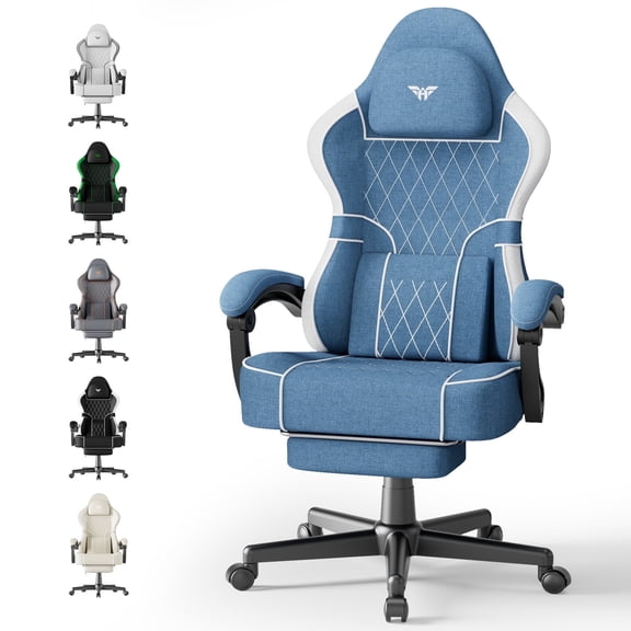 Luxvie Linen Fabric Gaming Chair with Footrest High Back Ergonomic Gamer Chair with Headrest and Massage Lumbar Cushion Racing Office Computer Video Game Chair for Adults, Blue