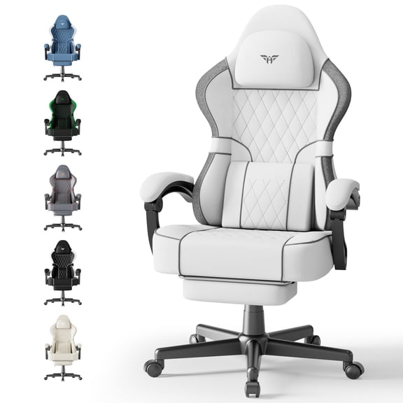 Wasait Gaming Chair with Footrest Linen Fabric High Back Ergonomic Gamer Chair with Headrest and Massage Lumbar Cushion Racing Office Computer Video Game Chair for Adults, White