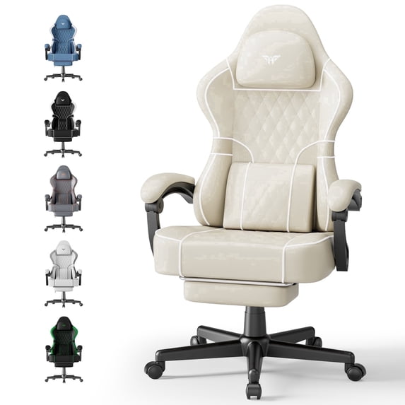 Wasait Gaming Chair with Footrest PU Leather High Back Ergonomic Office Gamer Chair with Headrest and Massage Lumbar Cushion Racing Comfortable Computer Video Game Chair for Adults, Beige