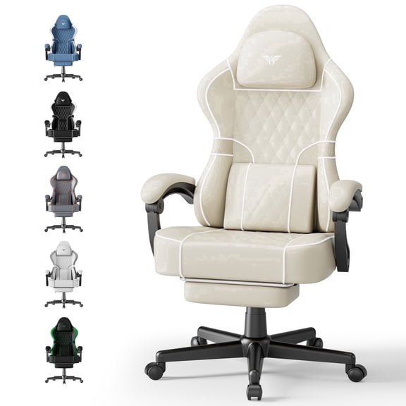 Wasait Gaming Chair with Footrest PU Leather High Back Ergonomic Office Gamer Chair with Headrest and Massage Lumbar Cushion Racing Comfortable Computer Video Game Chair for Adults, Beige
