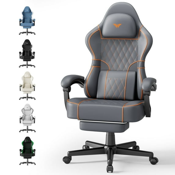 Luxvie PU Leather Gaming Chair with Footrest High Back Ergonomic Office Gamer Chair with Headrest and Massage Lumbar Cushion Racing Comfortable Computer Video Game Chair for Adults, Dark Grey