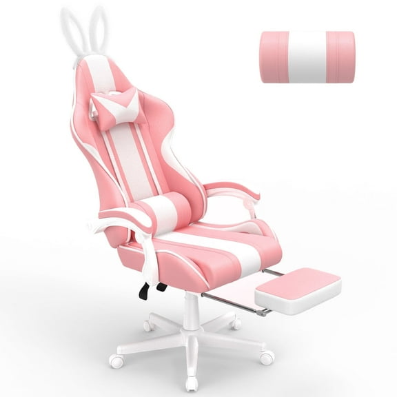Luxvie Pink Gaming Chair with Footrest High Back Ergonomic Office Gamer Chair with Massage and Headrest Lumbar Support Swivel Computer Game Chair Cute Bunny Ears for Adults