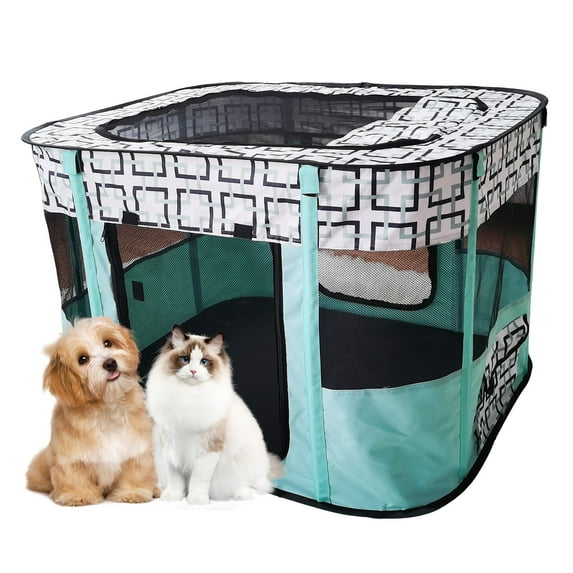 Luxvie Portable Pet Playpen, Foldable Dog Cat Playpens Cat Cage Exercise Kennel Tent, Dog Kennel With Removable Shade Cover, Dog Crate Indoor Outdoor Travel Camping Use, Green