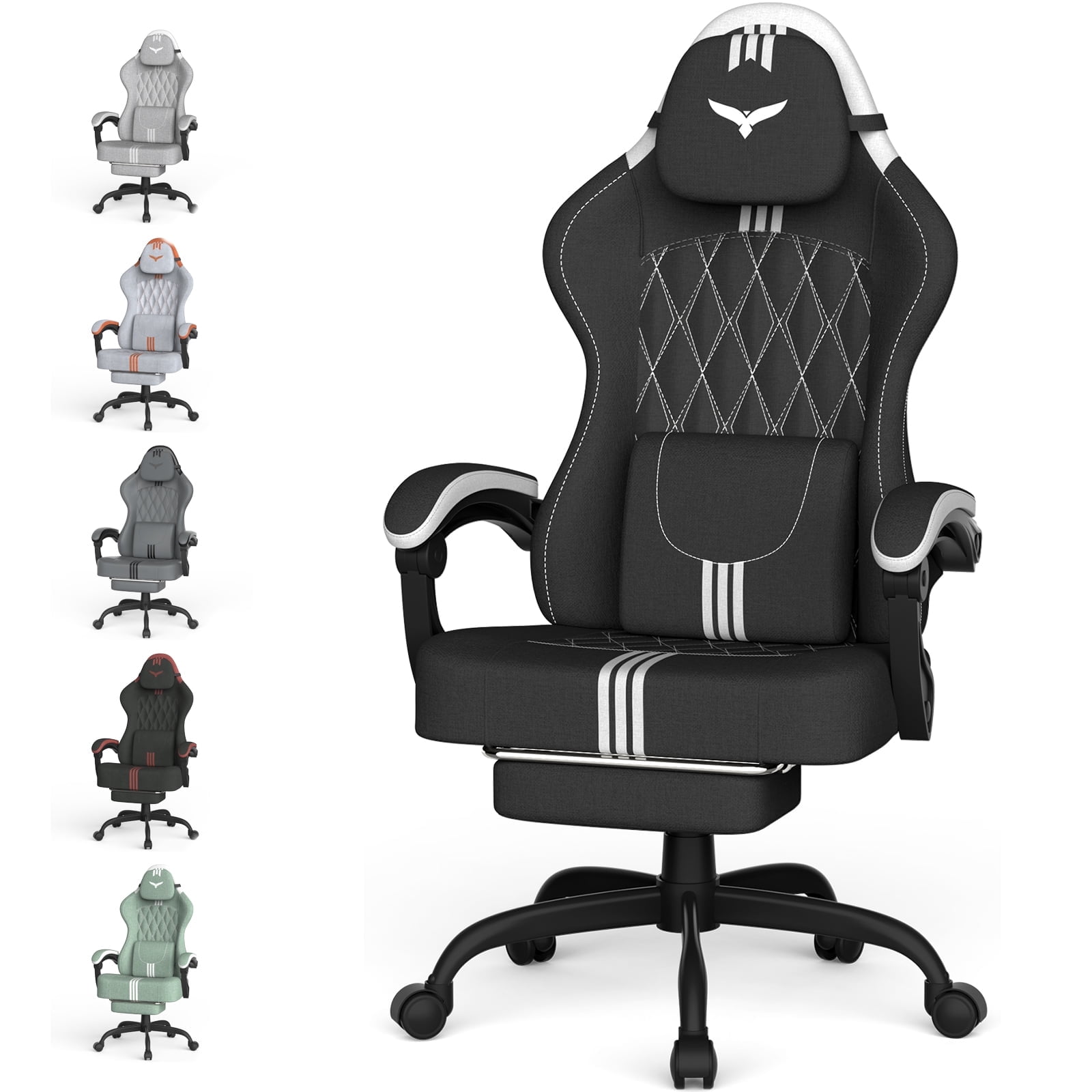 Luxvie Velvet Fabric Gaming Chair With Footrest, Ergonomic Comfortable Video Gamer Chair For Adult, Reclining Office Computer Desk Game Chairs With Massage Lumbar Cushion and Headrest, Black&White