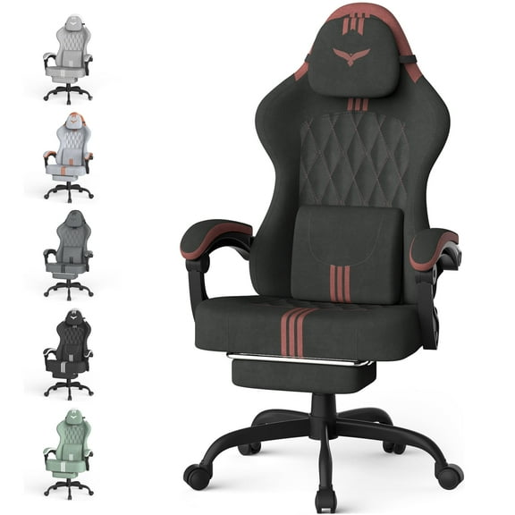 Luxvie Velvet Fabric Gaming Chair With Footrest, Ergonomic Comfortable Video Gamer Chair For Adult, Reclining Office Computer Desk Game Chairs With Massage Lumbar Cushion and Headrest, Black&Red