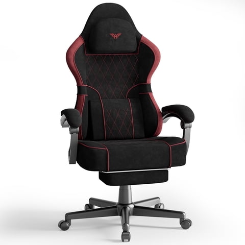 Luxvie Gaming Chair with Footrest Velvet Fabric Gamer Chair with Massage and Headrest Cushion Racing Reclining Computer Video Game Chair for Adults, Black/Red