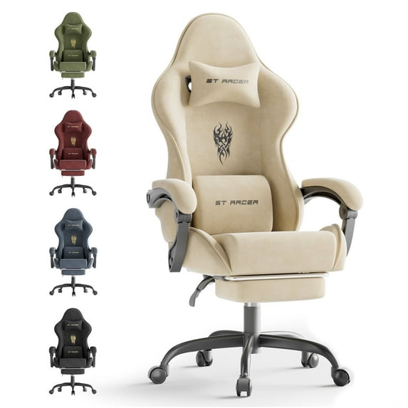Luxvie Velvet Fabric Gaming Chair with Footrest High Back Ergonomic Gamer Chair with Headrest and Massage Lumbar Cushion Racing Reclining Video Game Chair for Adults, Beige