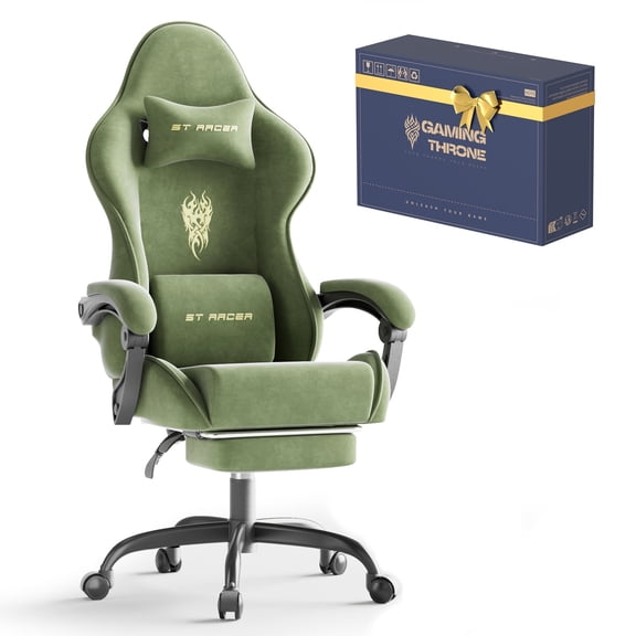 Luxvie Velvet Fabric Gaming Chair with Footrest High Back Ergonomic Gamer Chair with Headrest and Massage Lumbar Cushion Racing Reclining Video Game Chair for Adults, Green