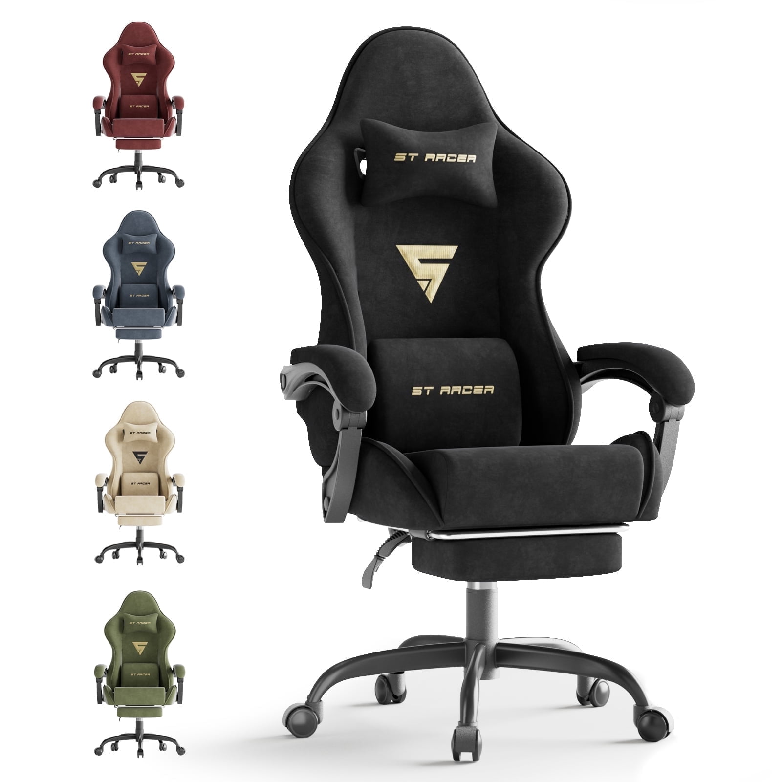 Luxvie Velvet Fabric Gaming Chair with Footrest High Back Ergonomic Reclining Computer Gamer Chair with Headrest and Massage Racing Style PC Video Game Chair Suitable for Adults, Black