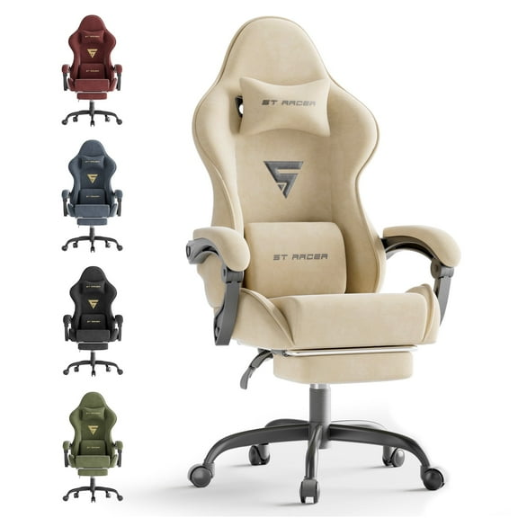 Luxvie Velvet Fabric Gaming Chair with Footrest High Back Ergonomic Reclining Computer Gamer Chair with Headrest and Massage Racing Style PC Video Game Chair Suitable for Adults, Beige